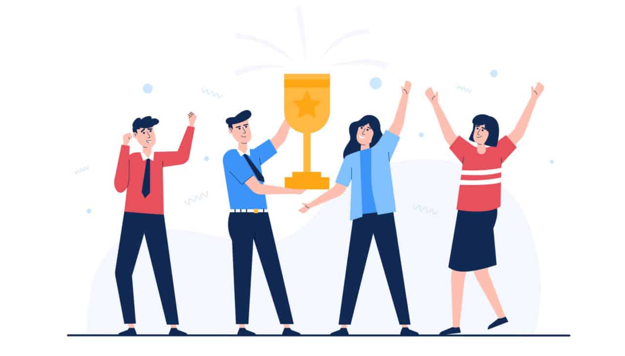 Successful business team concept. Happy business people holding gold trophy from winner competition. Vector illutration flat style